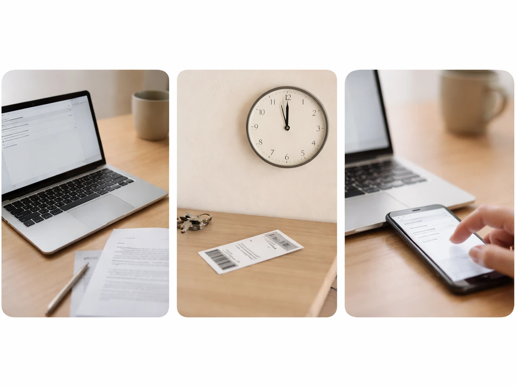 Minimal desk scenes: laptop with job application email, a ticket on the table, and an email draft being sent early.
