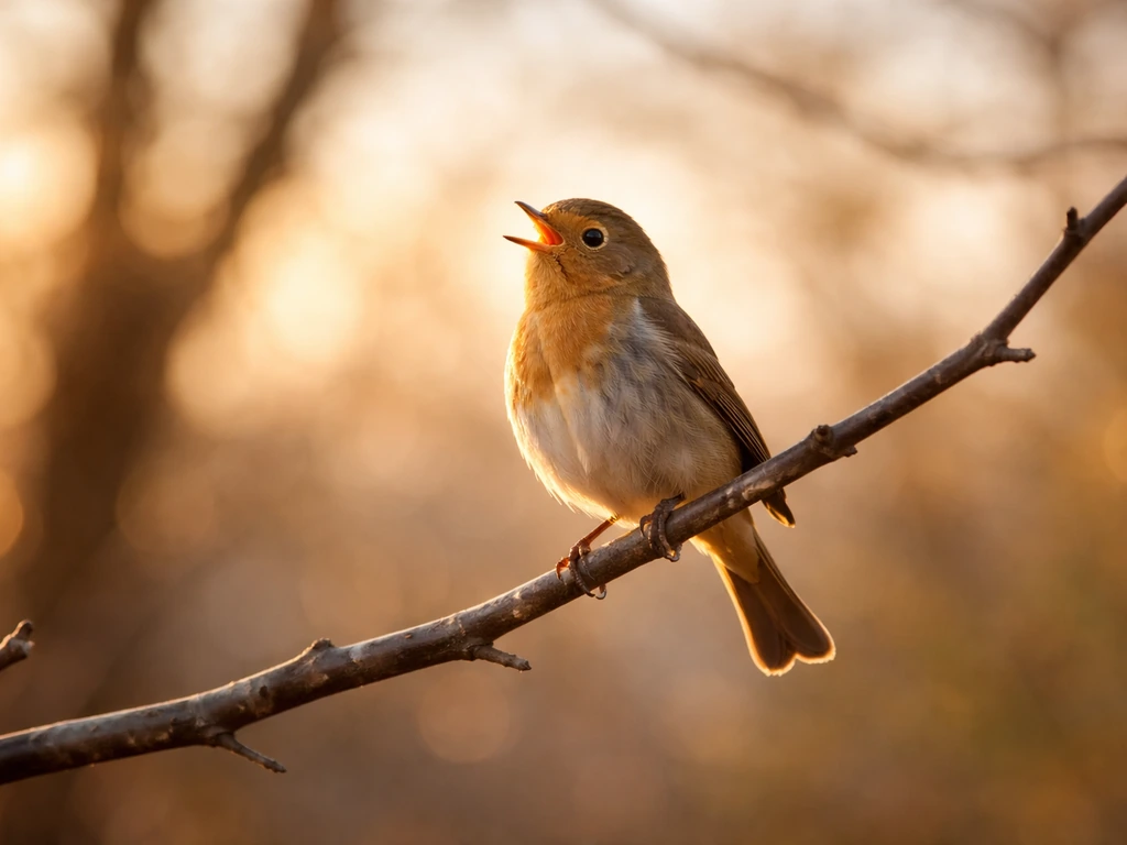 Small songbird perched and singing at dawn on a bare tree branch