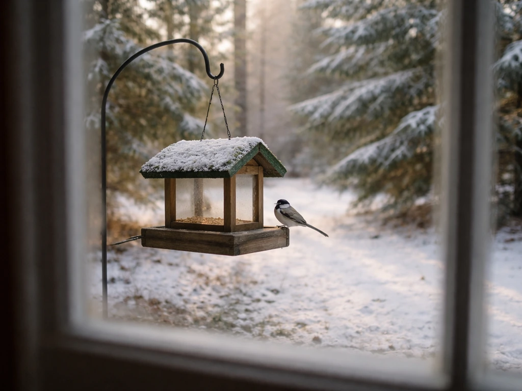 Hopeful view of a winter bird at a backyard feeder through a window, snow-covered yard beyond