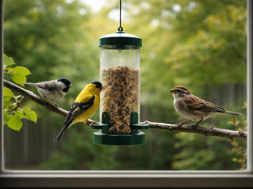 Three different small birds perched and hopping at a backyard feeder in soft daylight