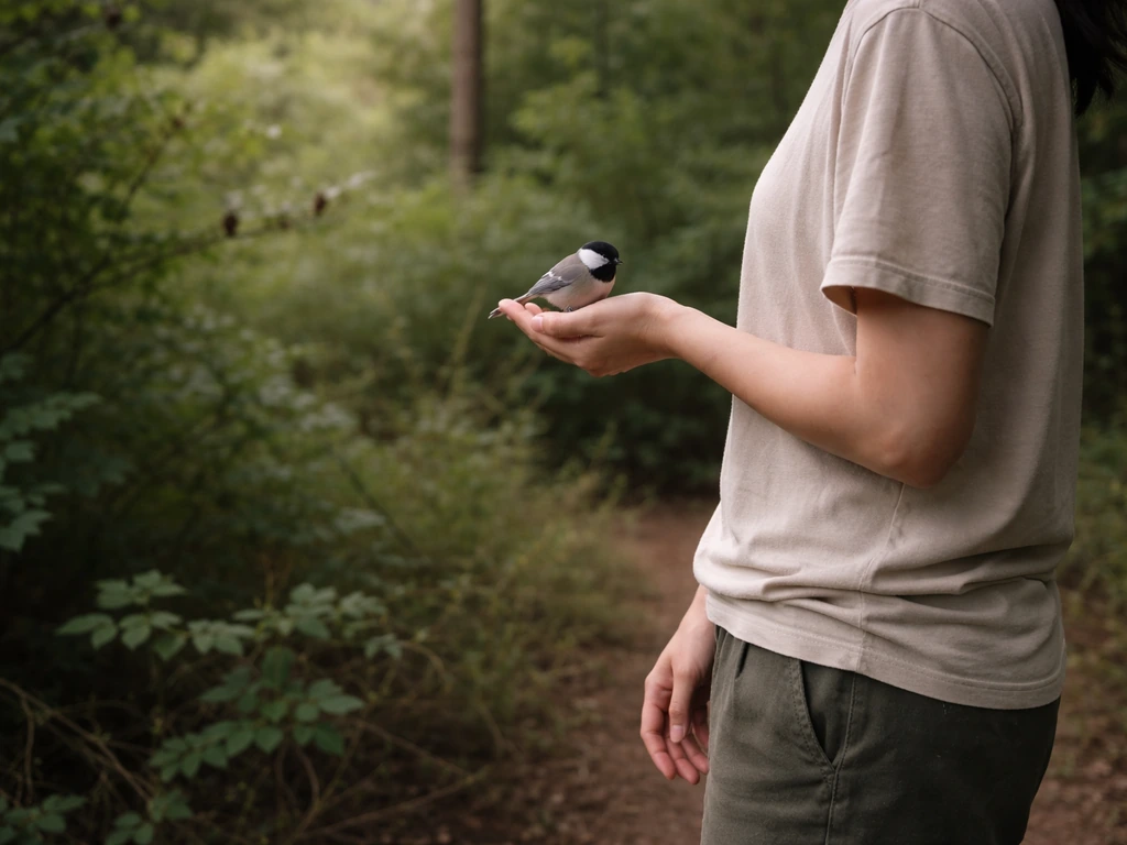 Person holding one small bird in hand, with distant birds in a blurred bushy forest background.