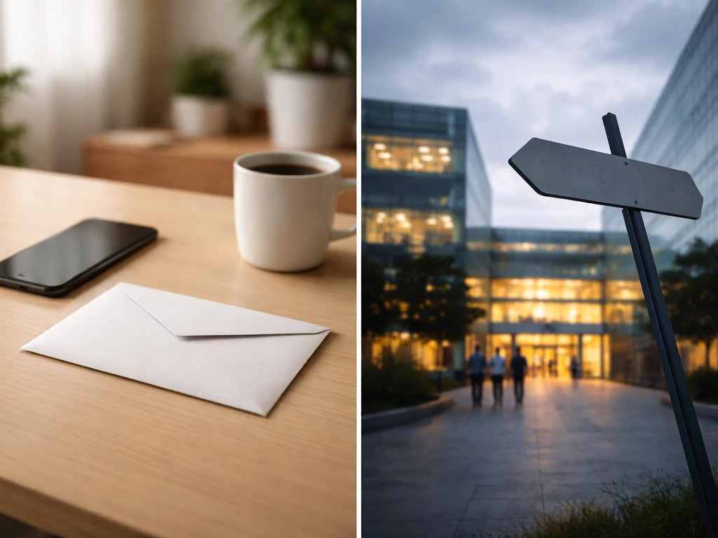 Split-style photo showing a calm office scene versus a sign of uncertainty near a startup-style building