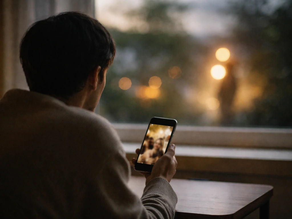 An anonymous person at home holding two phone screens while one choice feels close and the other distant and blurred.