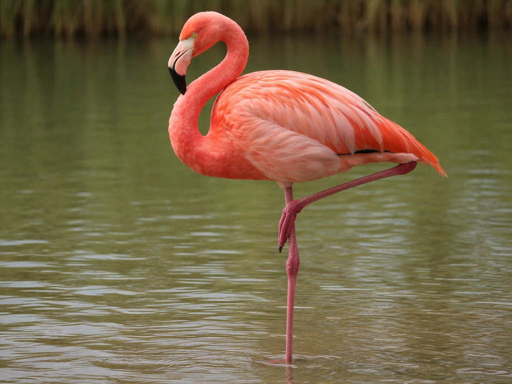 Close-up of a flamingo standing on one leg with vivid pink feathers in a calm wetland.