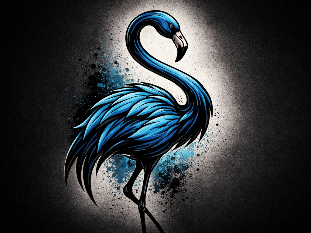 Blue flamingo painted in high-contrast tattoo-inspired style on a dark background