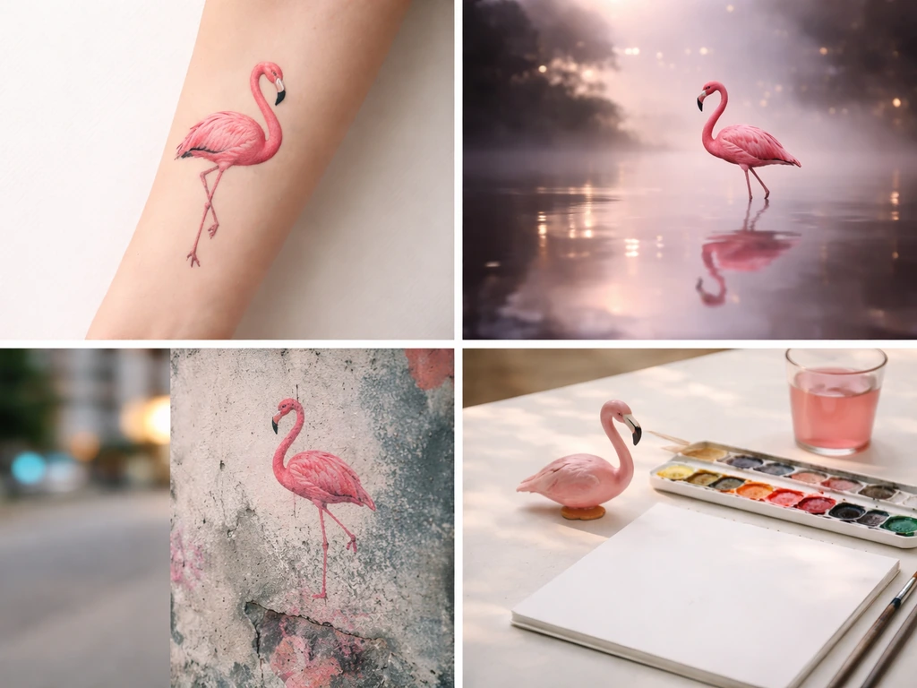 Minimal collage of four scenes showing a pink flamingo in tattoo, dream reflection, street art, and art supplies.