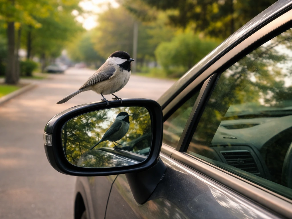 A small bird perched by a car’s side mirror, with the mirror reflecting nearby greenery.