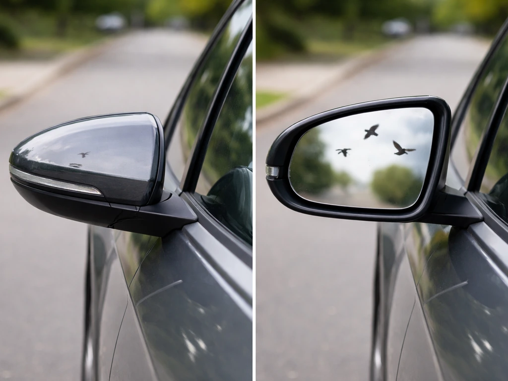 Car side mirror shown folded and extended, with soft bird-like reflections hinting at mirror-attack behavior.