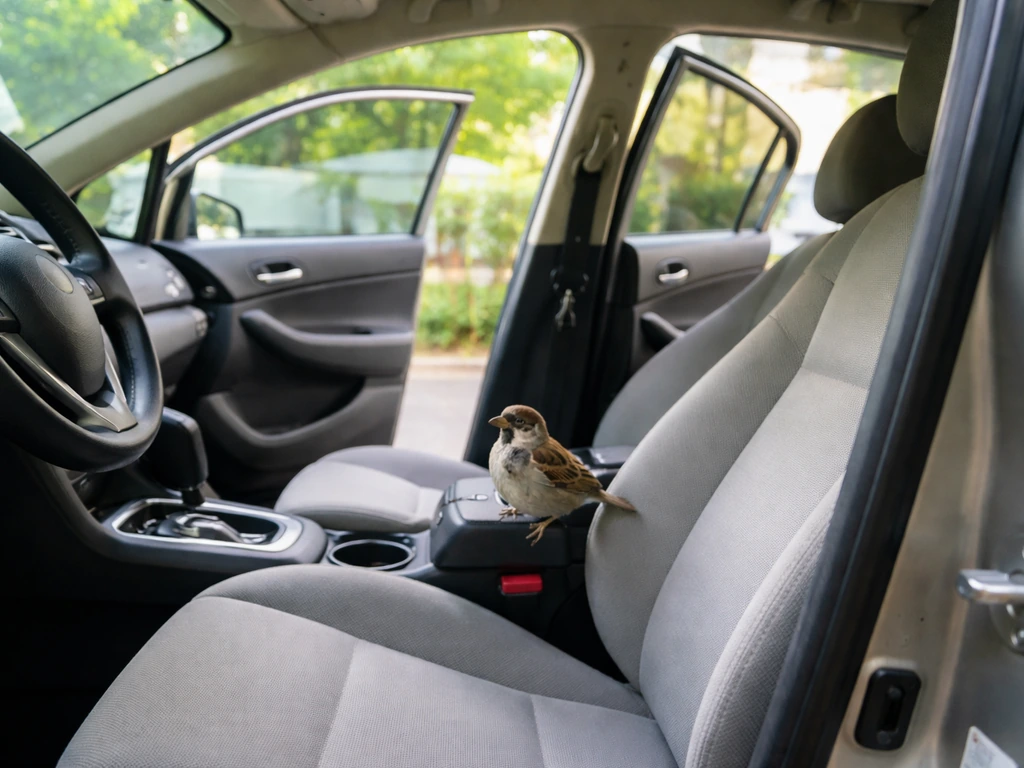 Calm small bird sitting inside a parked car while multiple doors and windows are open.