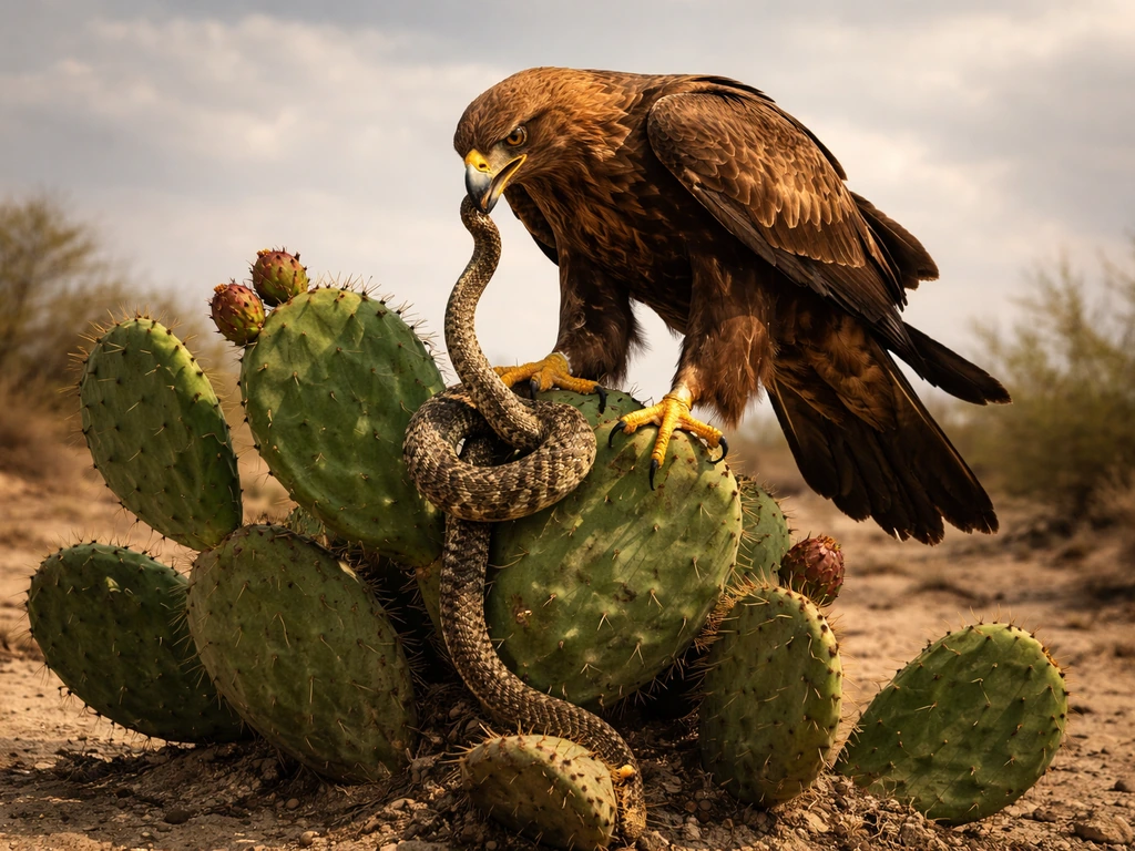 Golden eagle perched on a cactus devouring a rattlesnake, evoking Mexico’s coat of arms emblem.