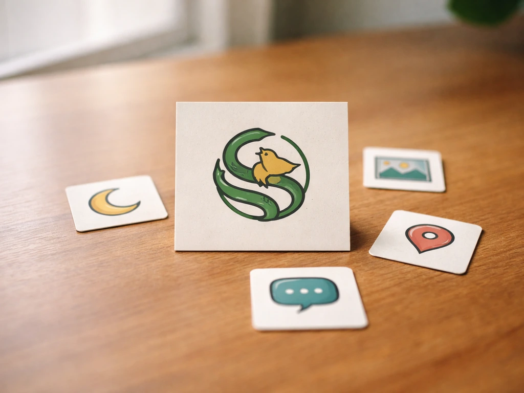 Minimal desk scene with a small snake-and-bird symbol and four context icons suggesting dream, art, social, and place.