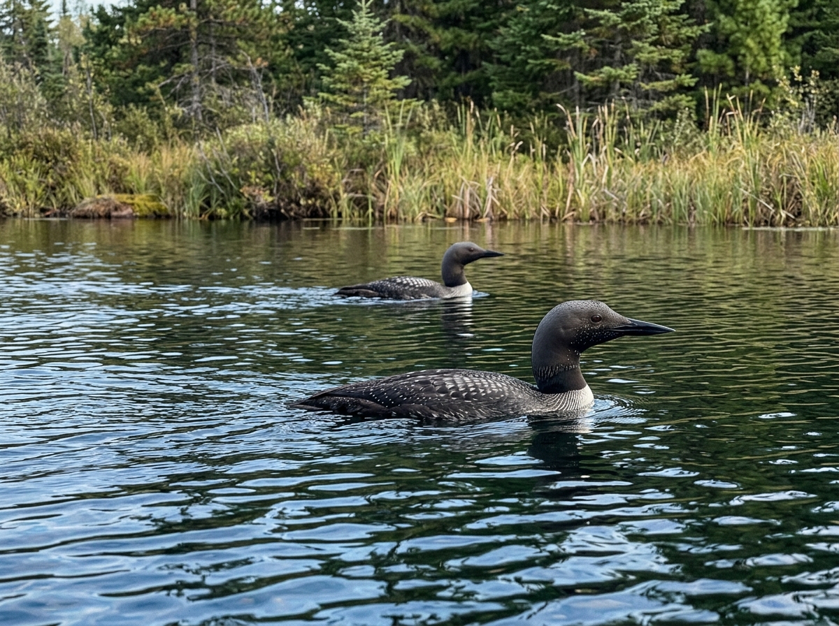 Low-floating loons on a freshwater lake showing diving-bird form