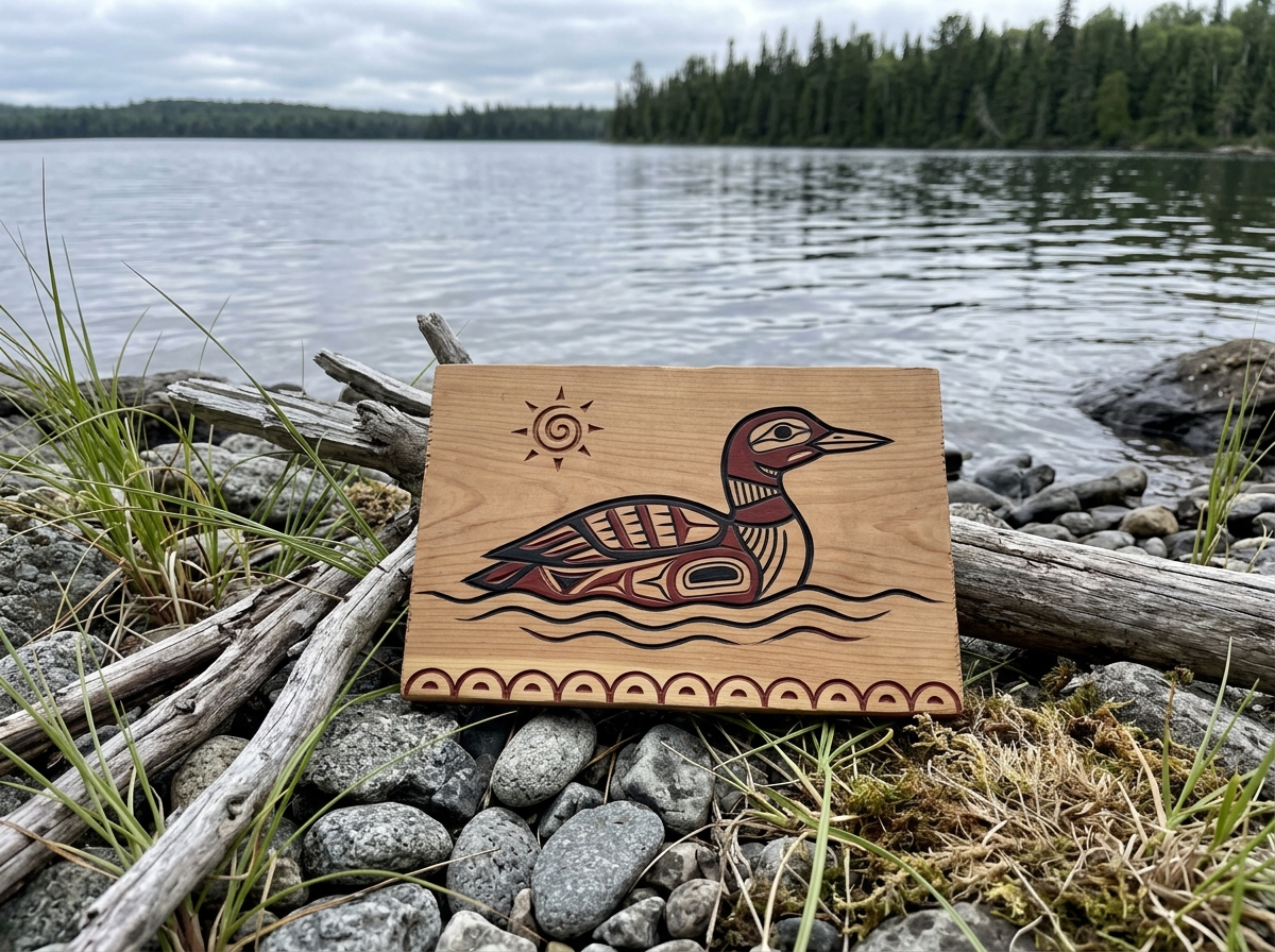 Loon-inspired traditional craft motif near a lakeshore