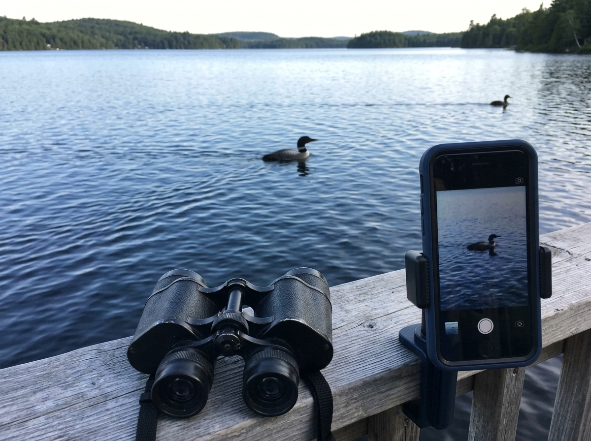 Binoculars and smartphone beside a loon on a lake for confirmation