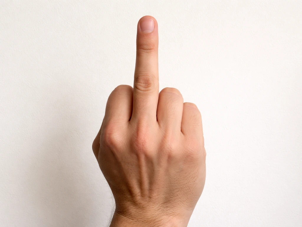 Close-up of a hand showing the middle-finger gesture with other fingers curled, against a plain background