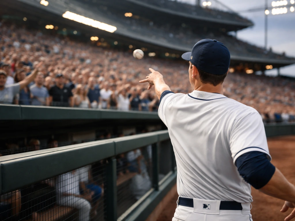 Anonymous MLB player gestures toward fans from field level with the stadium crowd in soft focus.