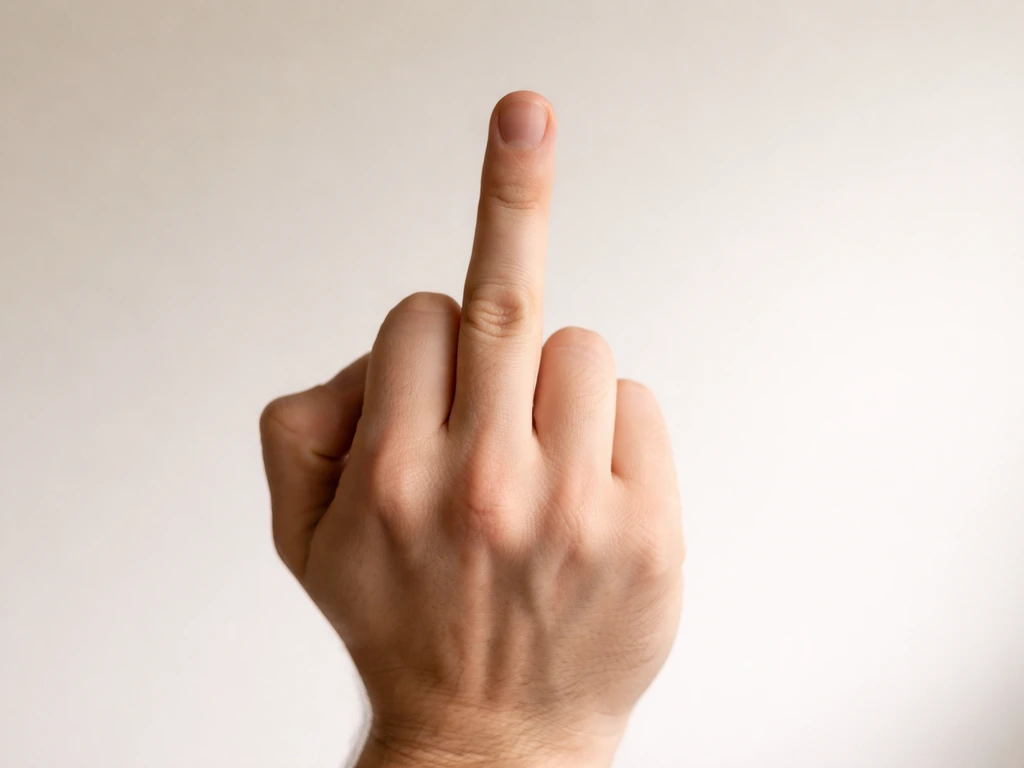 Close-up of one hand making the one-finger salute against a plain neutral background.