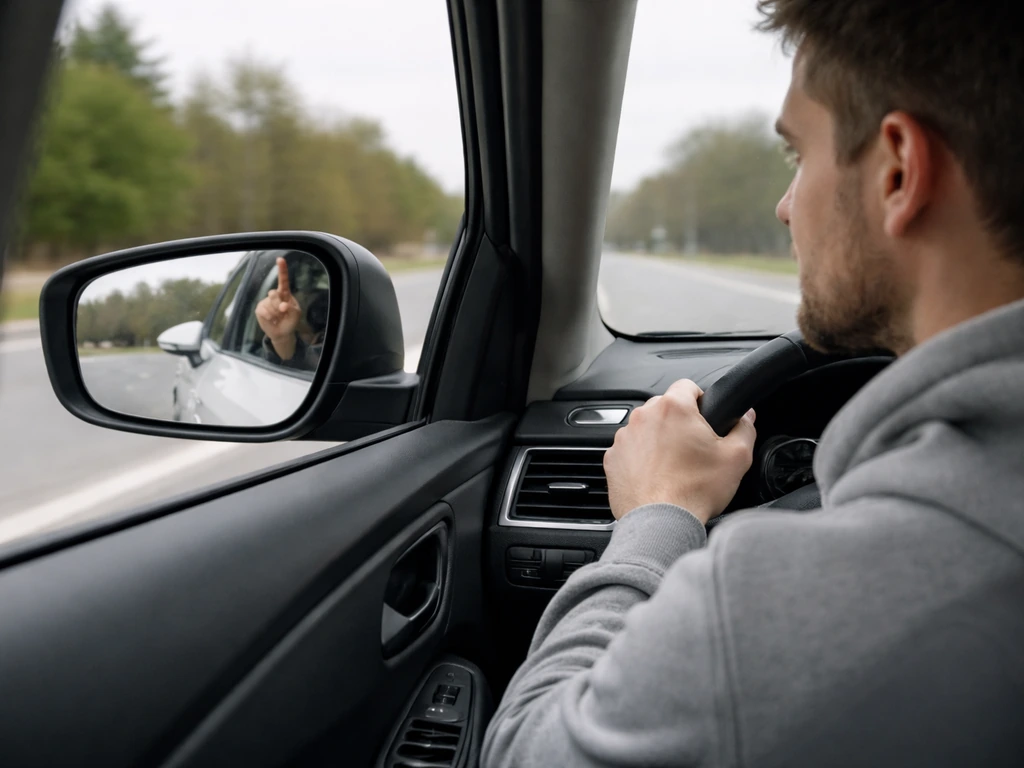 Driver calmly keeps distance in a car while another vehicle’s hand gesture is reflected in the side mirror