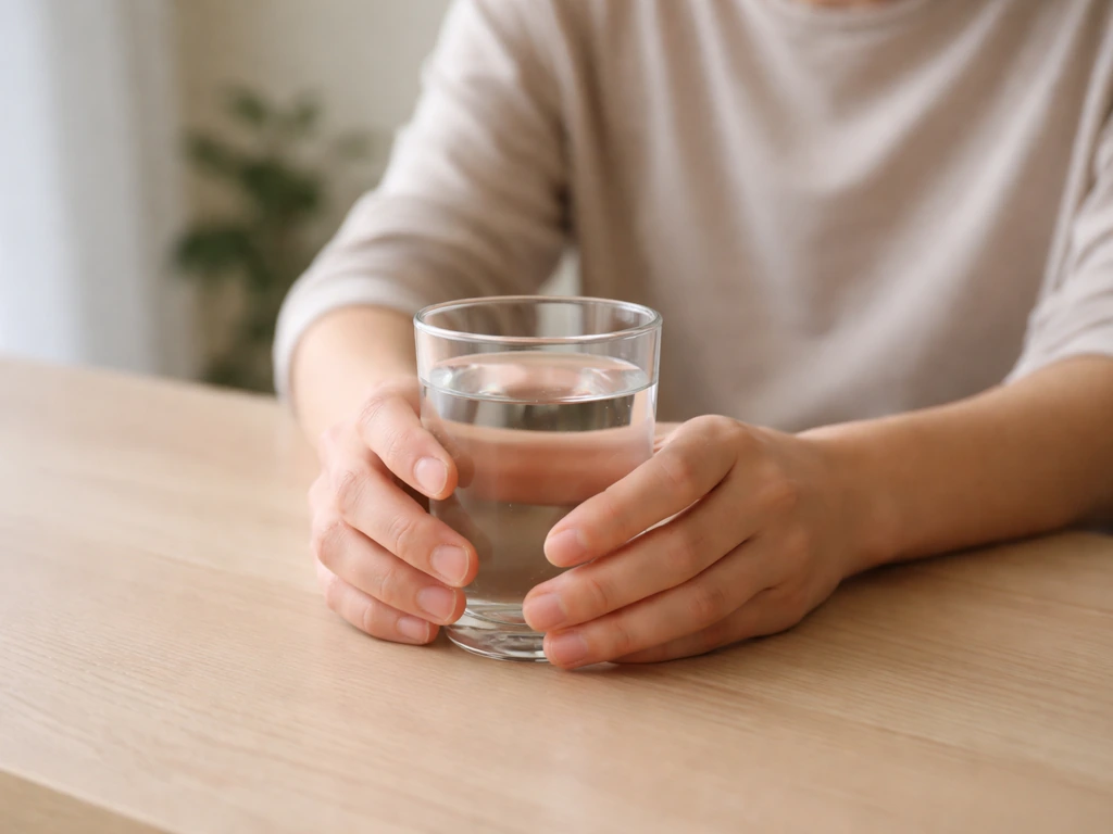 Close-up of a calm person holding a glass of water in a bright casual room, conveying clear-headed sobriety