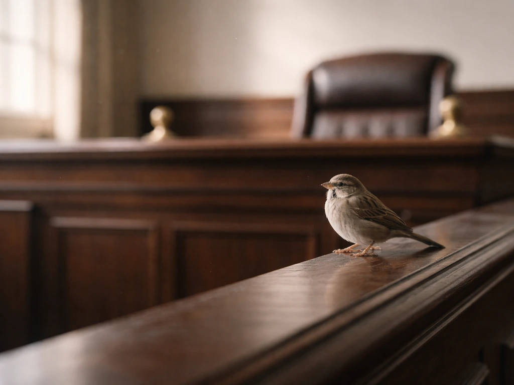 A small perched bird beside a dark judge’s bench, symbolizing “sober as a judge” and “sober as a bird.”