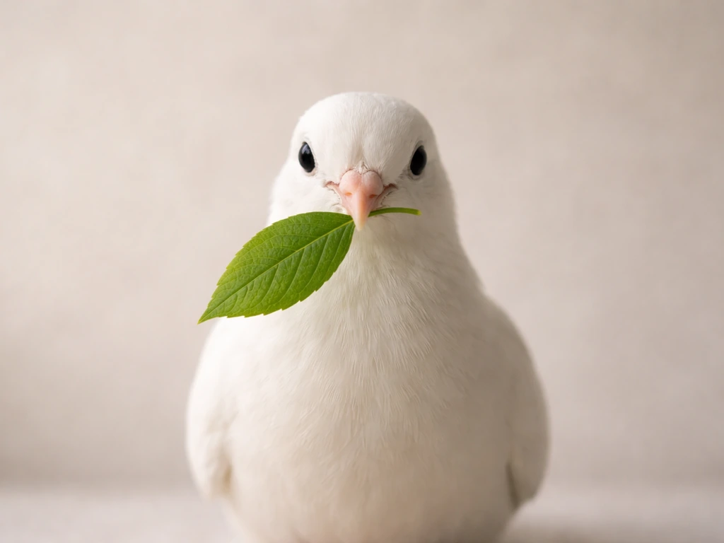 A small dove with a fresh green leaf held in its beak against a soft neutral background.
