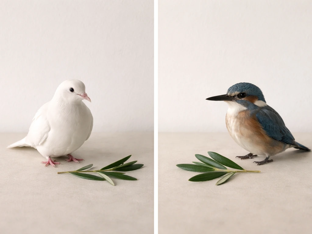 Split-style photo showing a white dove with an olive leaf next to a different bird with a leaf.