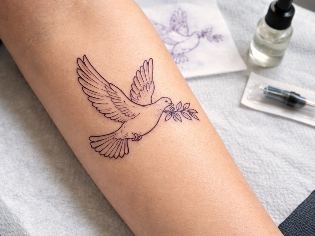 Close-up of an olive-branch dove tattoo design stencil on skin with needle tools nearby