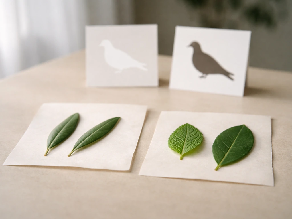 Close-up tabletop with two different leaf types and two dove silhouette cards for comparing cues.