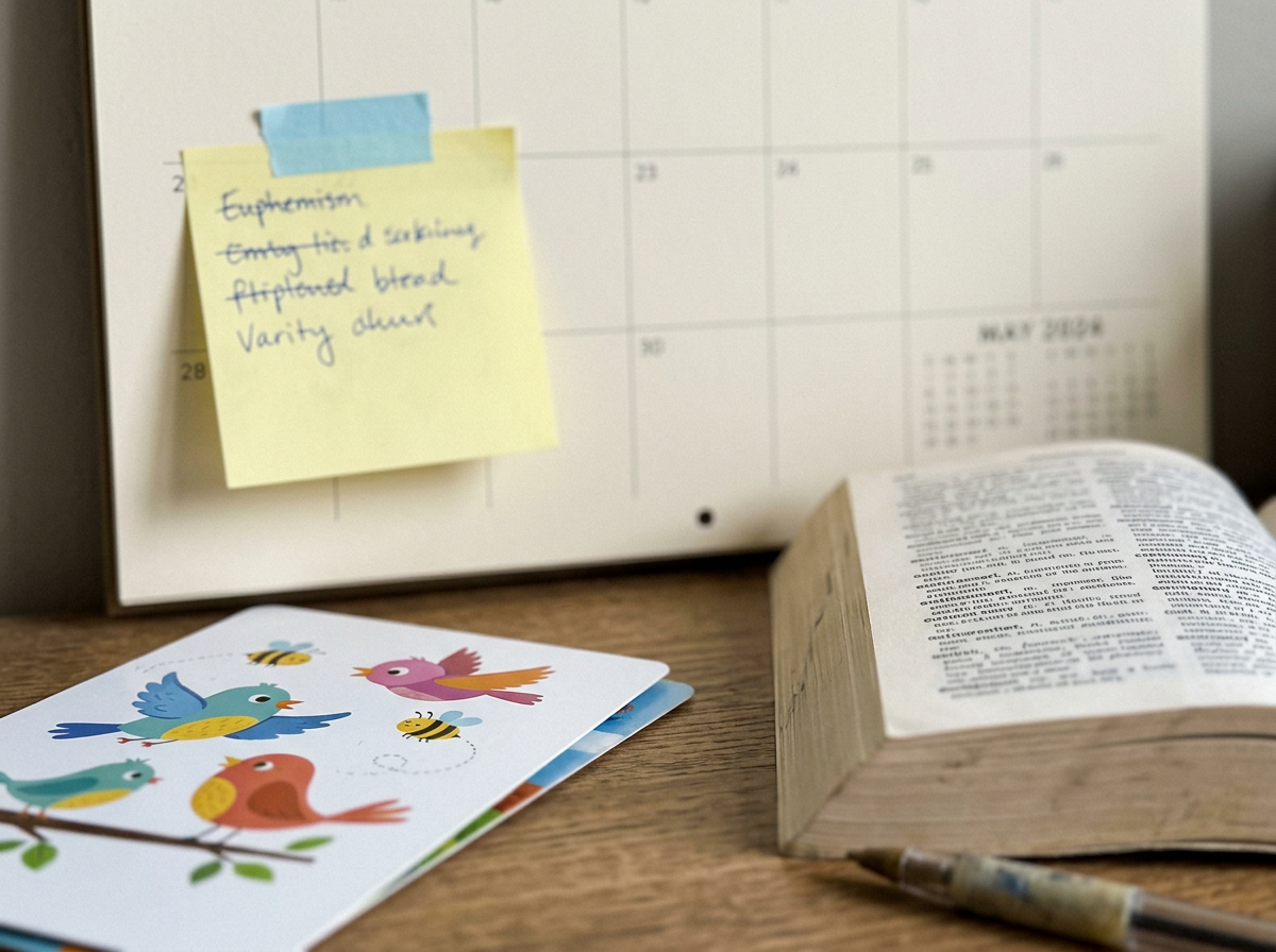 Open reference book and blurred notes indicating the euphemism 'the bird and the bees meaning'.