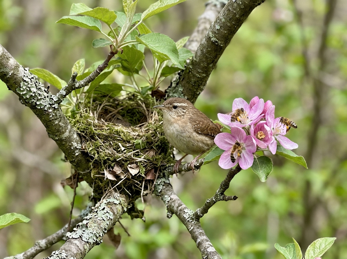 Bird near a nest and bees on a flowering plant illustrating the idiom metaphor.