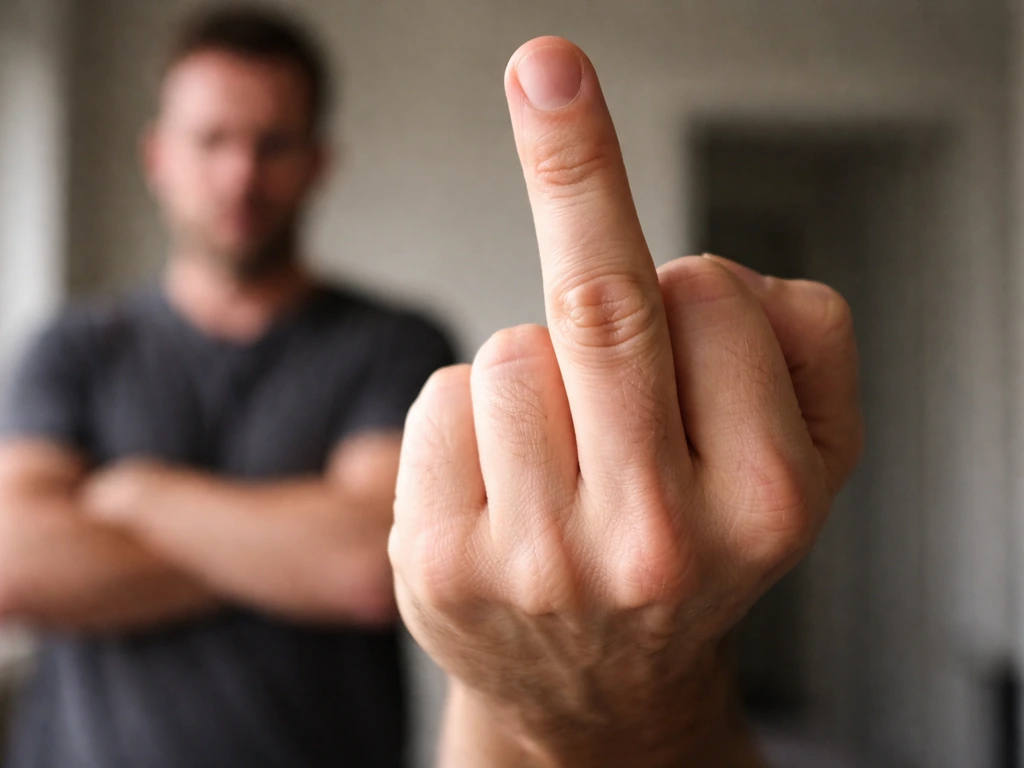 Close-up of a middle-finger gesture with blurred tense, crossed-arms background implying hostility.