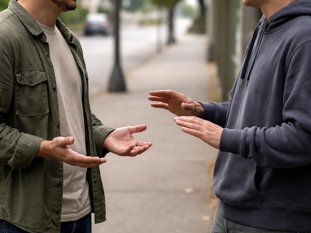 Two anonymous adults calmly de-escalating at a slight distance on a quiet sidewalk, open hands visible.