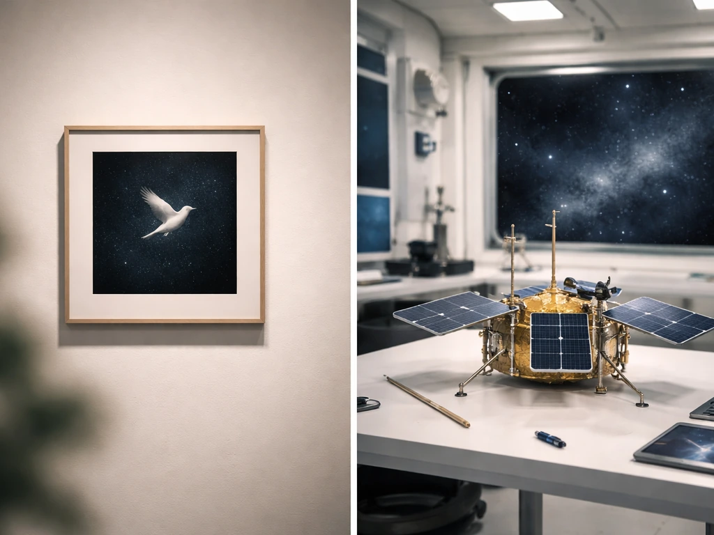 Side-by-side images: a symbolic bird-in-space artwork in a gallery and a literal spacecraft space setting.