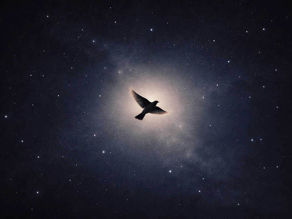 A small bird silhouette floating in a soft starry void, dreamlike lighting and gentle space haze.