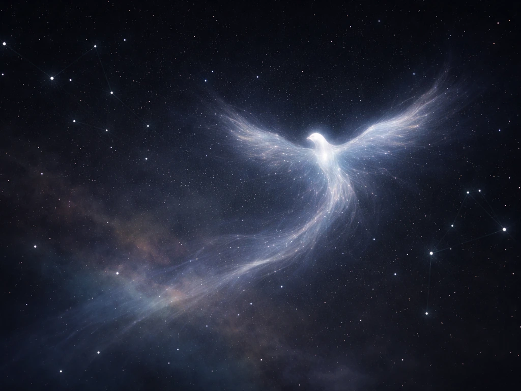 A faint bird-shaped silhouette drifting through a starfield sky with soft space colors.