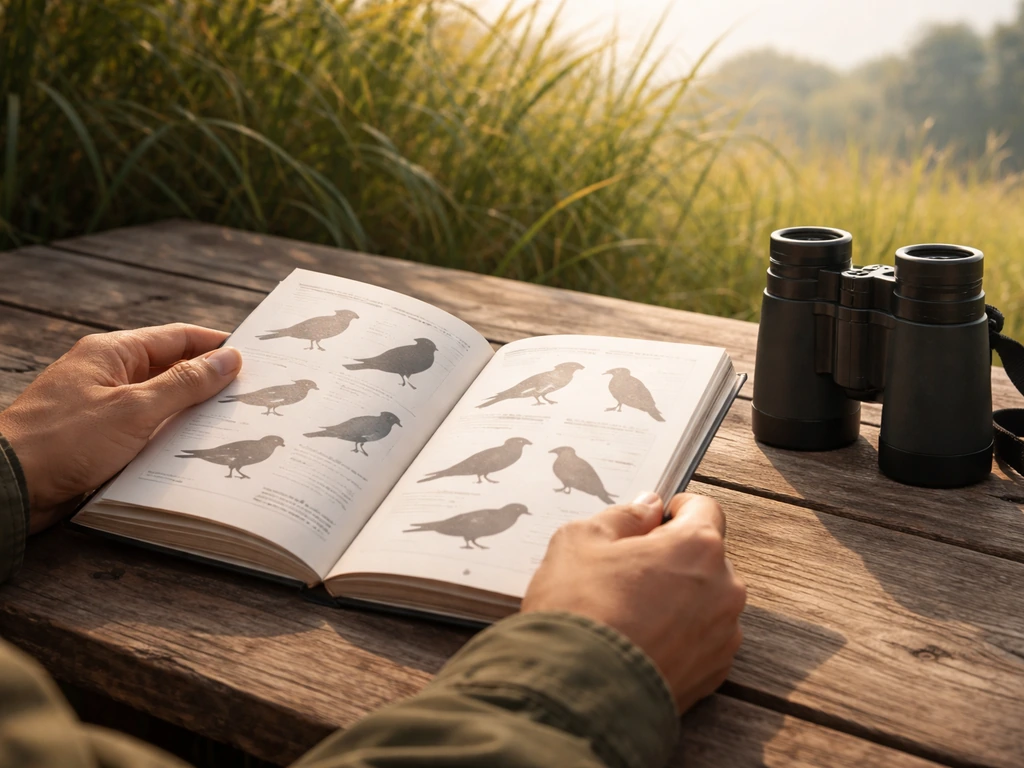 Anonymous birder’s hands reviewing field guide pages with binoculars to identify a bird reference