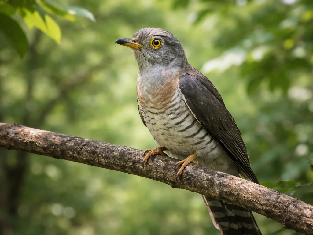 Brain-fever bird (Cuculus varius) perched on a branch in a green woodland, natural light.