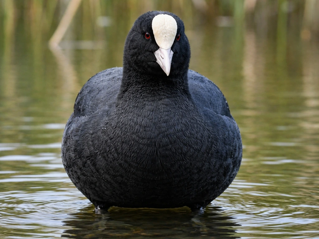 Close-up of a coot on a pond, highlighting dark feathers and a pale frontal shield that looks bald