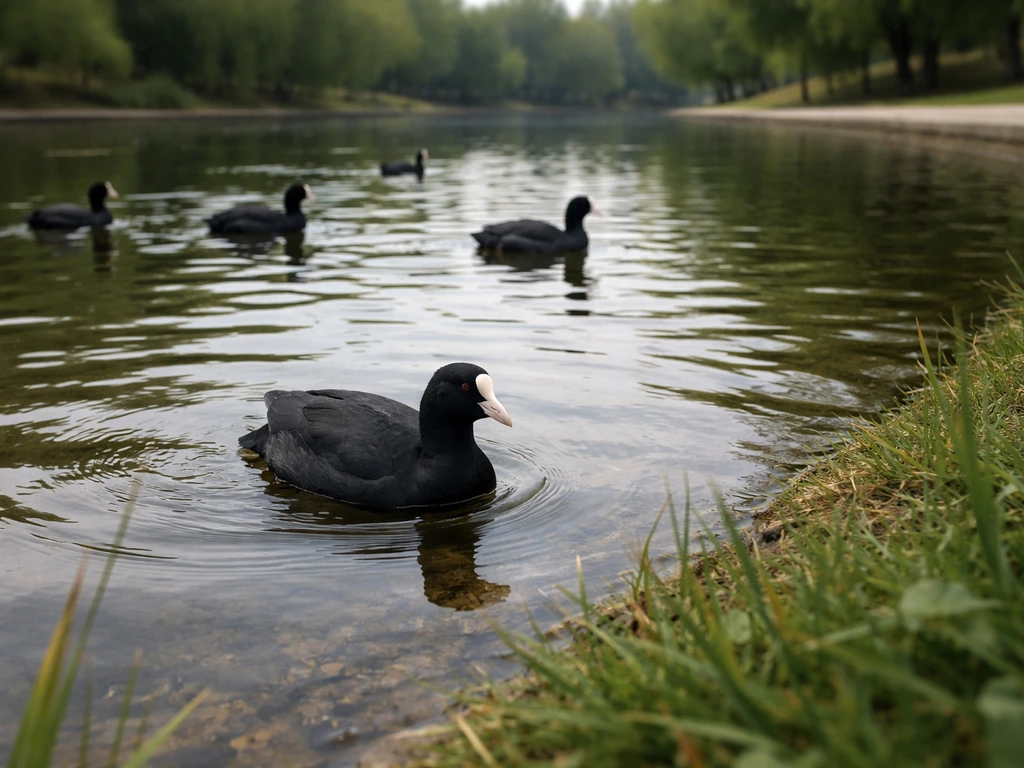 Common coots swimming on a quiet urban park pond with gentle ripples and blurred trees