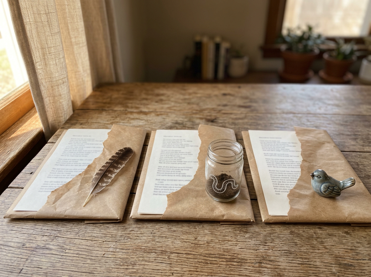 Three separated notes and symbolic items representing different “bird and worm” lyric versions.