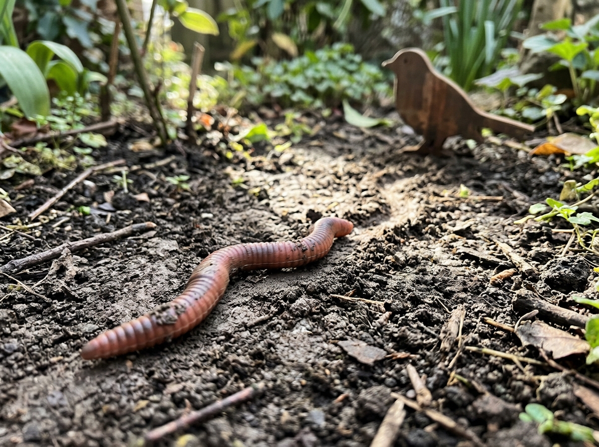 Close-up of a worm crawling across soil toward a bird-shaped target.