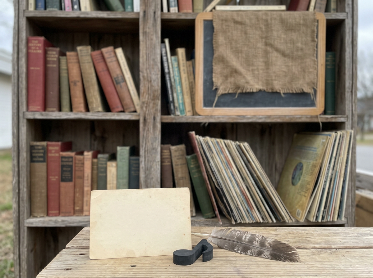 Old books and music items on a shelf showing cultural reuse of “bird and worm.”