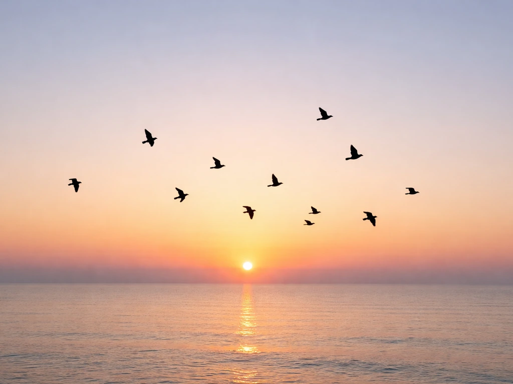 Silhouetted birds flying over a tranquil sunrise with a quiet morning sky.