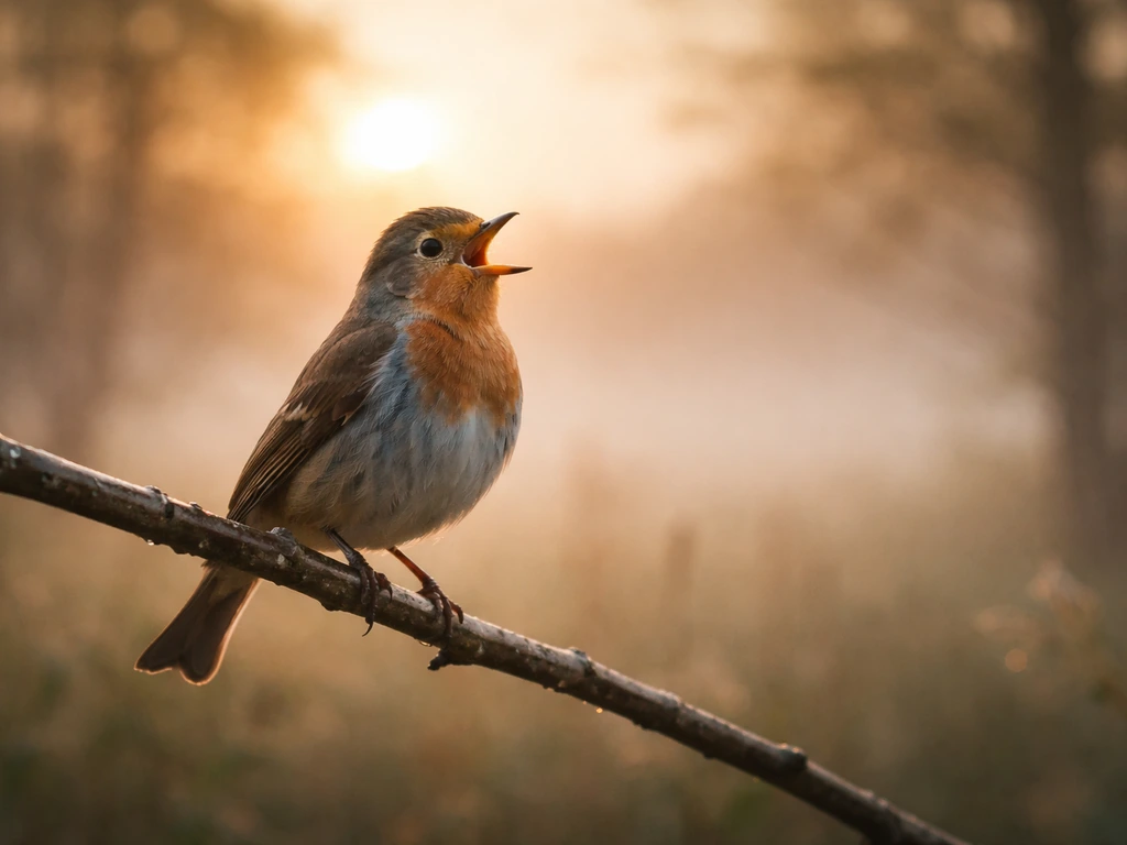 Small songbird perched on a branch singing at sunrise with soft golden light and misty background.