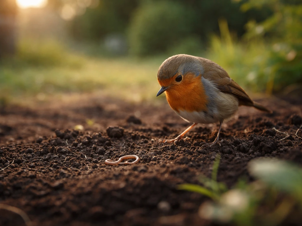 A small robin near fresh soil with a tiny worm-like lure in soft morning light.