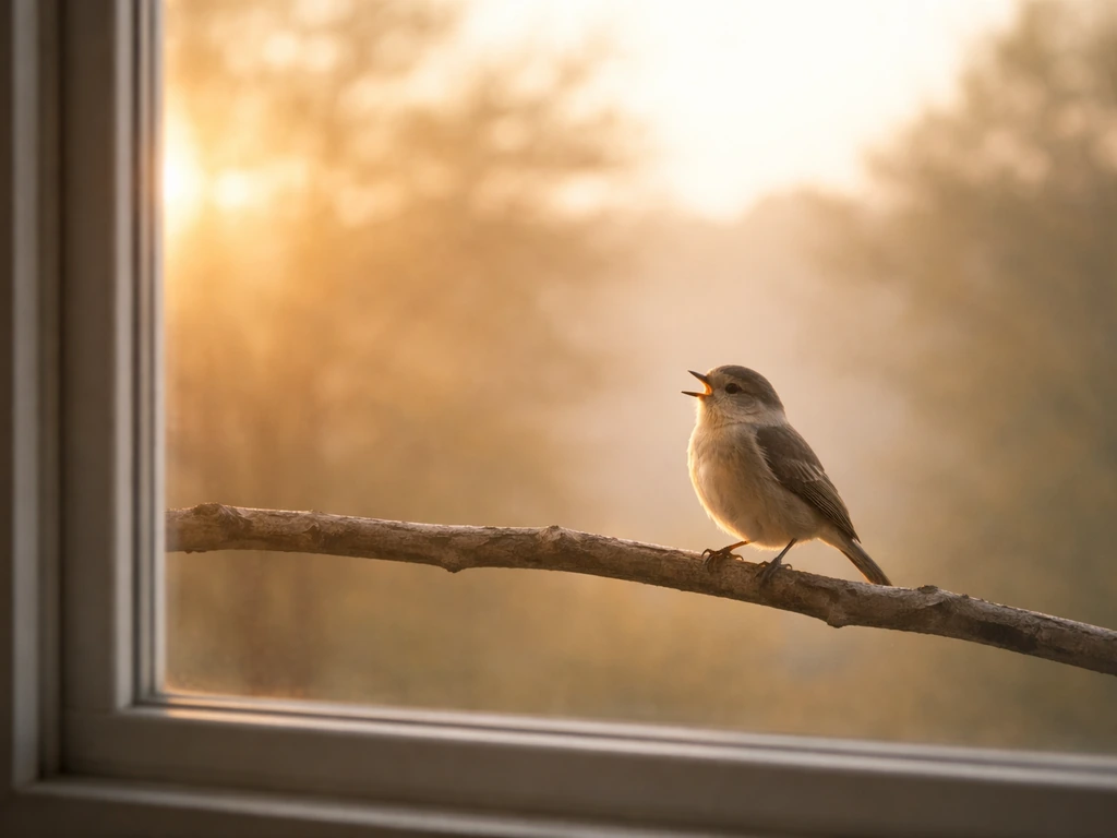 An early-morning bird perched by a window with soft sunrise light, suggesting literal dawn meaning.