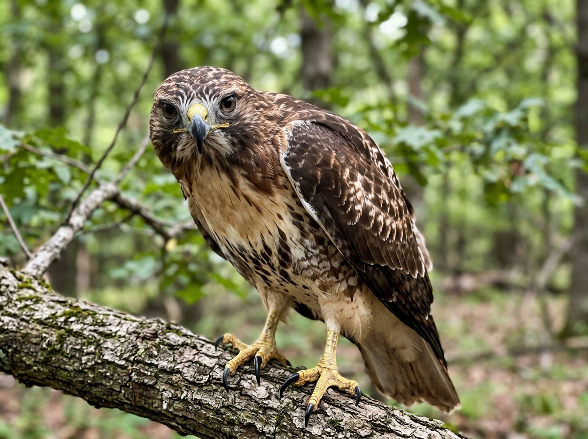 Perched hawk showing hooked beak, talons, and keen posture.