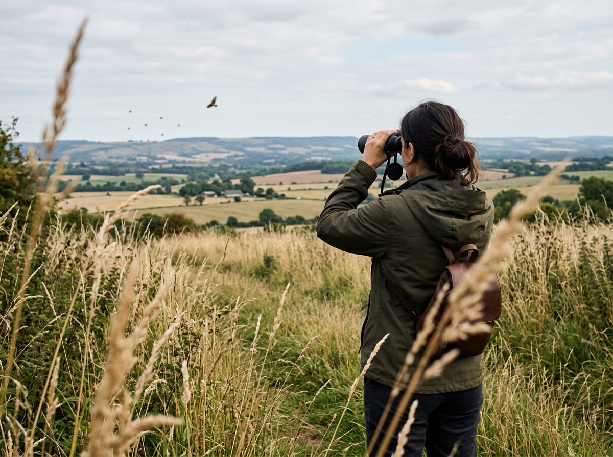 Vigilant “hawk-eyed” watching with binoculars in a field.