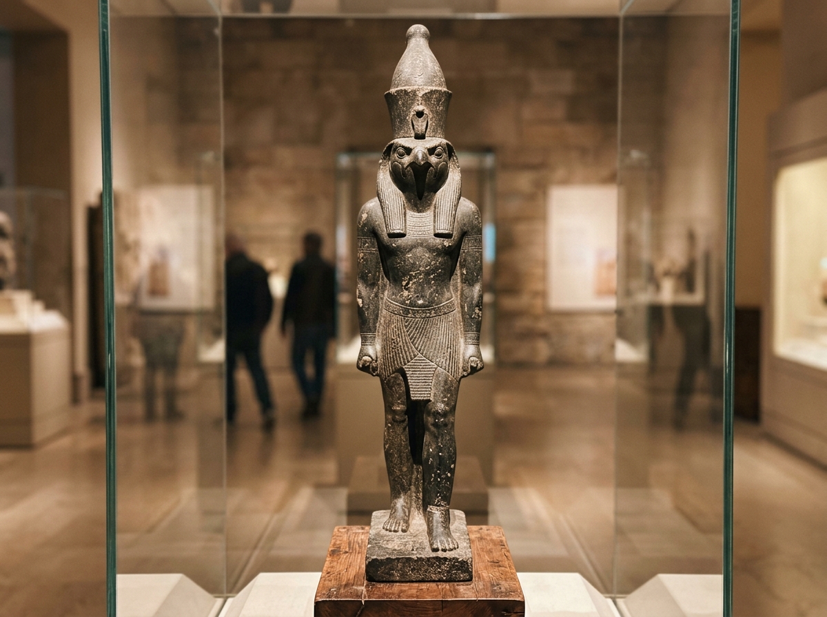 Hawk-headed Horus statue in a museum exhibit.