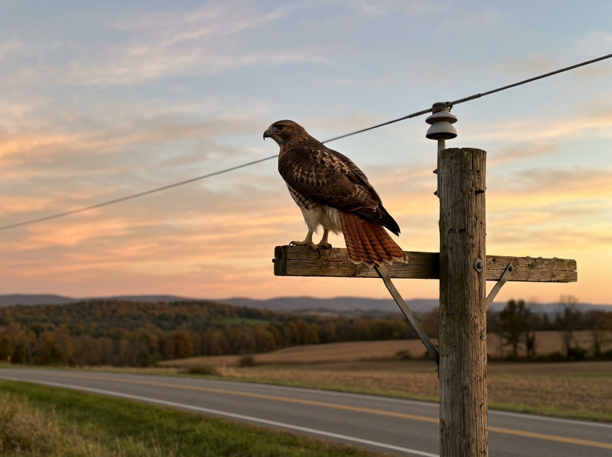 Red-tailed hawk perched on a utility pole against open sky.